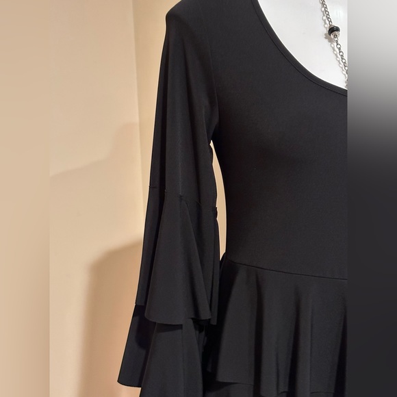 ISLE TIERED RUFFLE MIDI BLACK DRESS & SLEEVES BOAT NECK SZ S MADE IN TURKEY - Picture 4 of 12